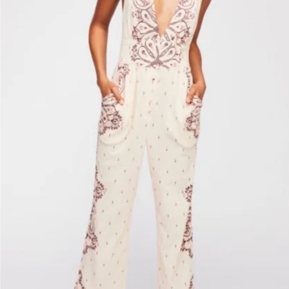 Free People Boho Printed Jumpsuit | Deep V | Wide Leg | Cream Pink XS